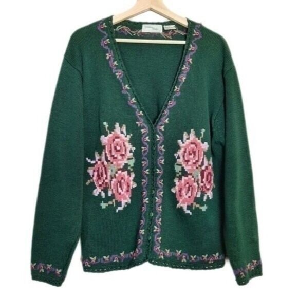 Vintage WILLOW RIDGE Cardigan Sweater Rose Flower Embroidery Sz L - Picture 1 of 9